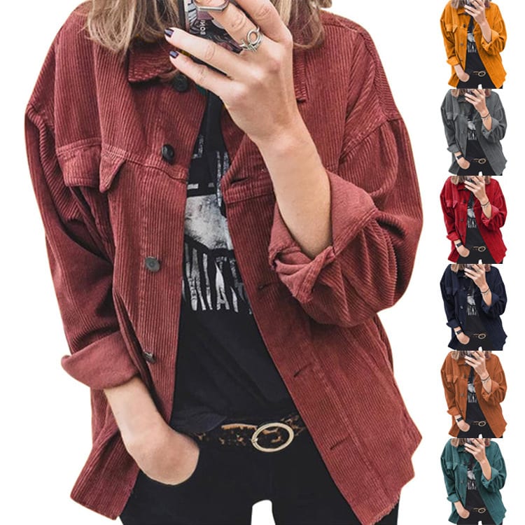 Autumn Corduroy Button Cardigan Long Sleeve Lapel Loose Thick Shirt For Women view 8