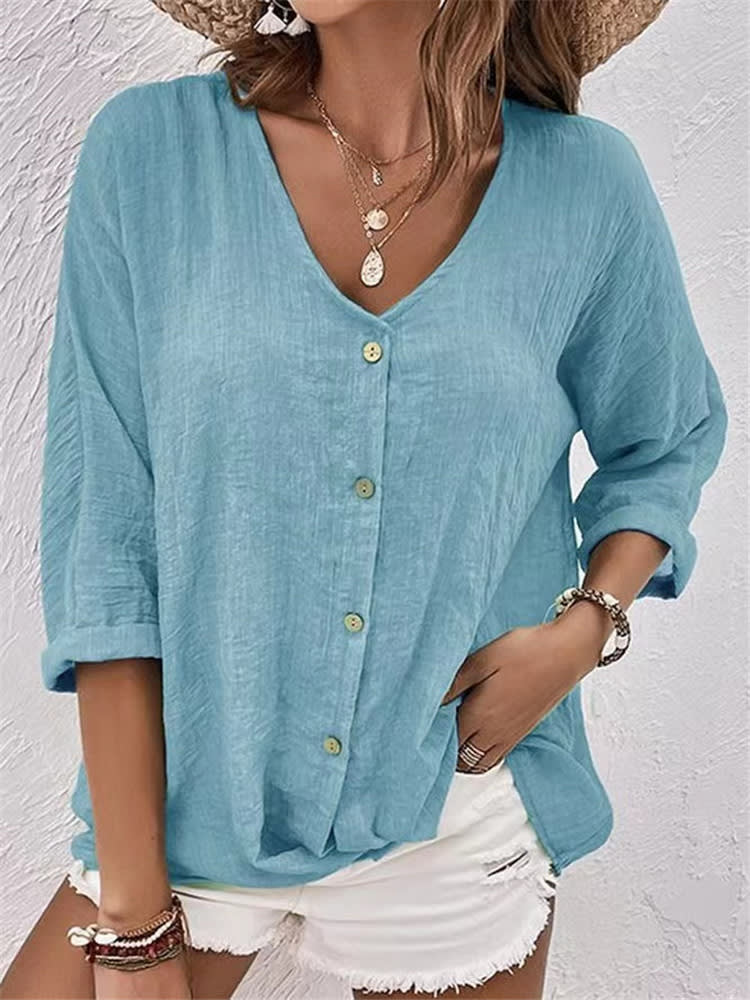 V-neck Long-sleeved T-shirt Fashion Solid Color Button Top Casual Loose Clothing For Women view 9