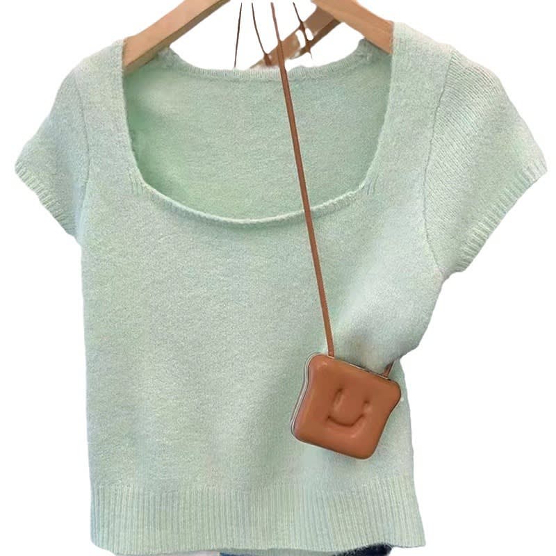 Solid Color Fashion Temperament Square Collar Pullover Short Sleeve Sweater view 9