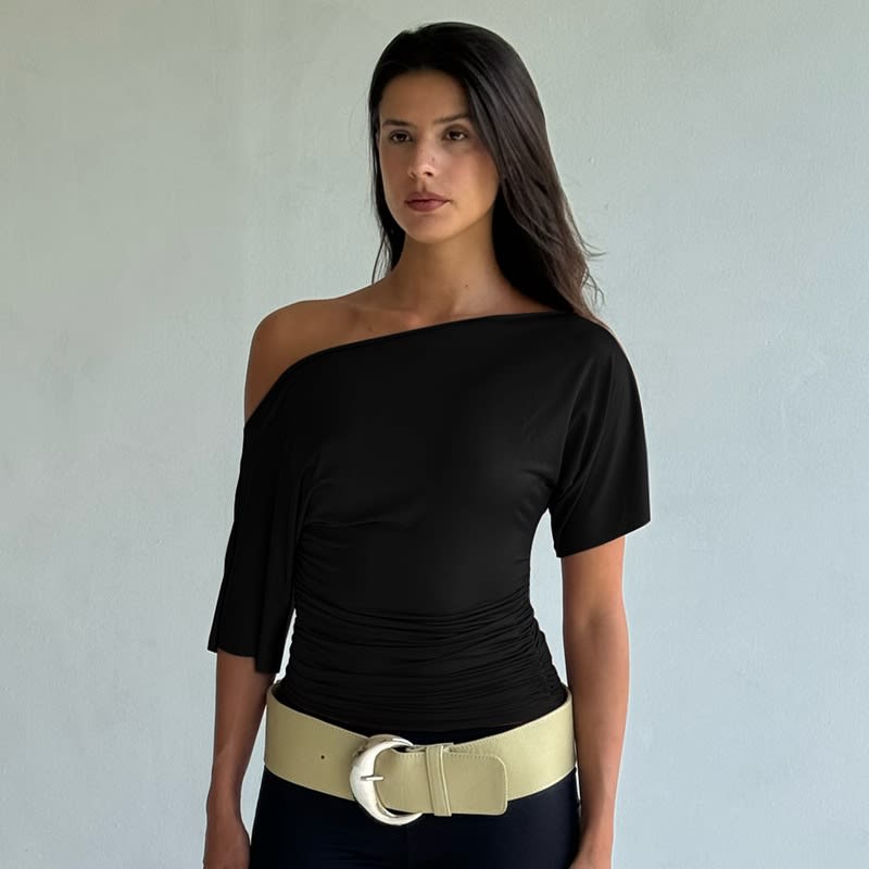 Women's Summer Off-the-shoulder Short Sleeve Pleated Waist Slimming T-shirt view 3