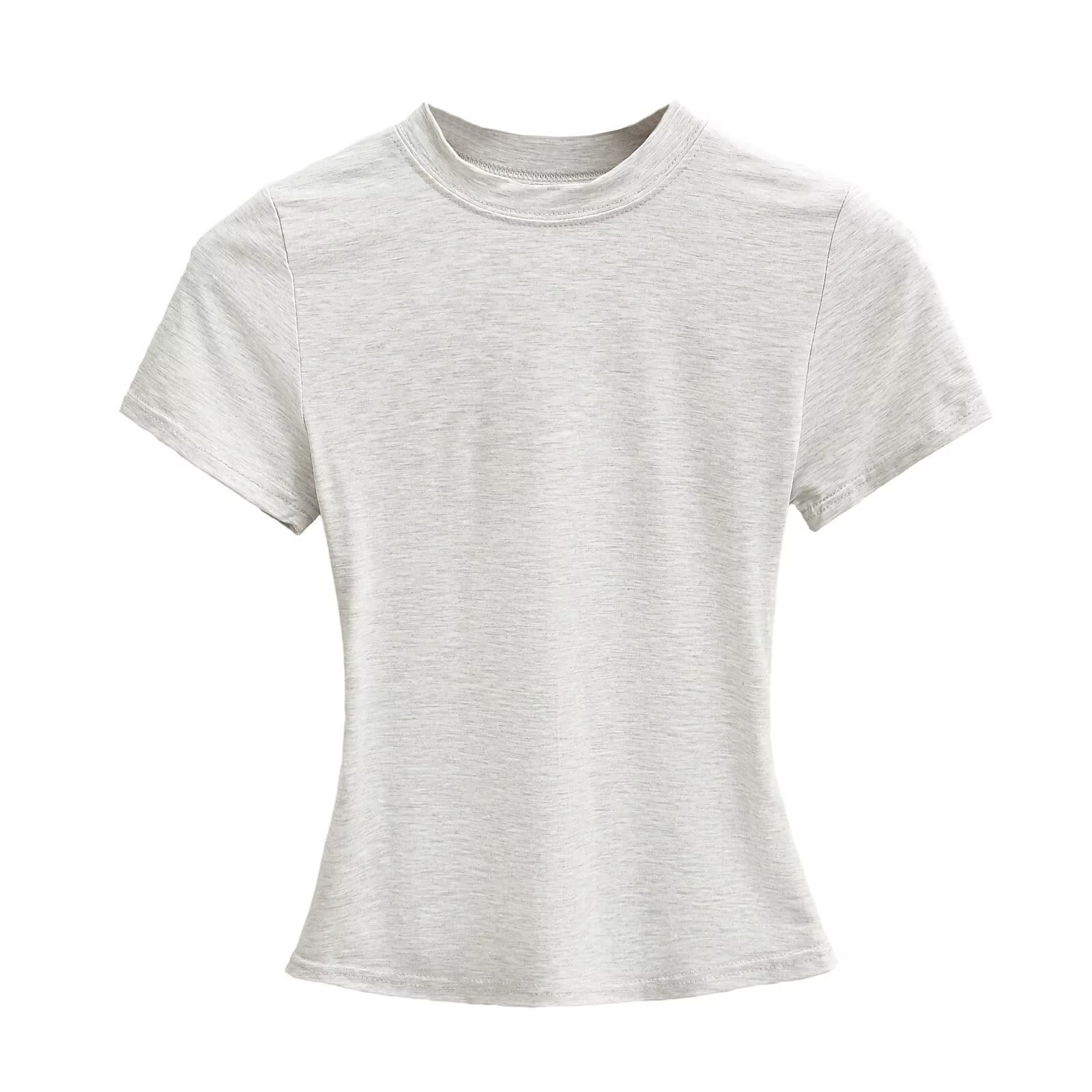 Solid Color Small Round Neck Elastic Shoulder Short Sleeve T-shirt Basic Style Waist-tight view 3