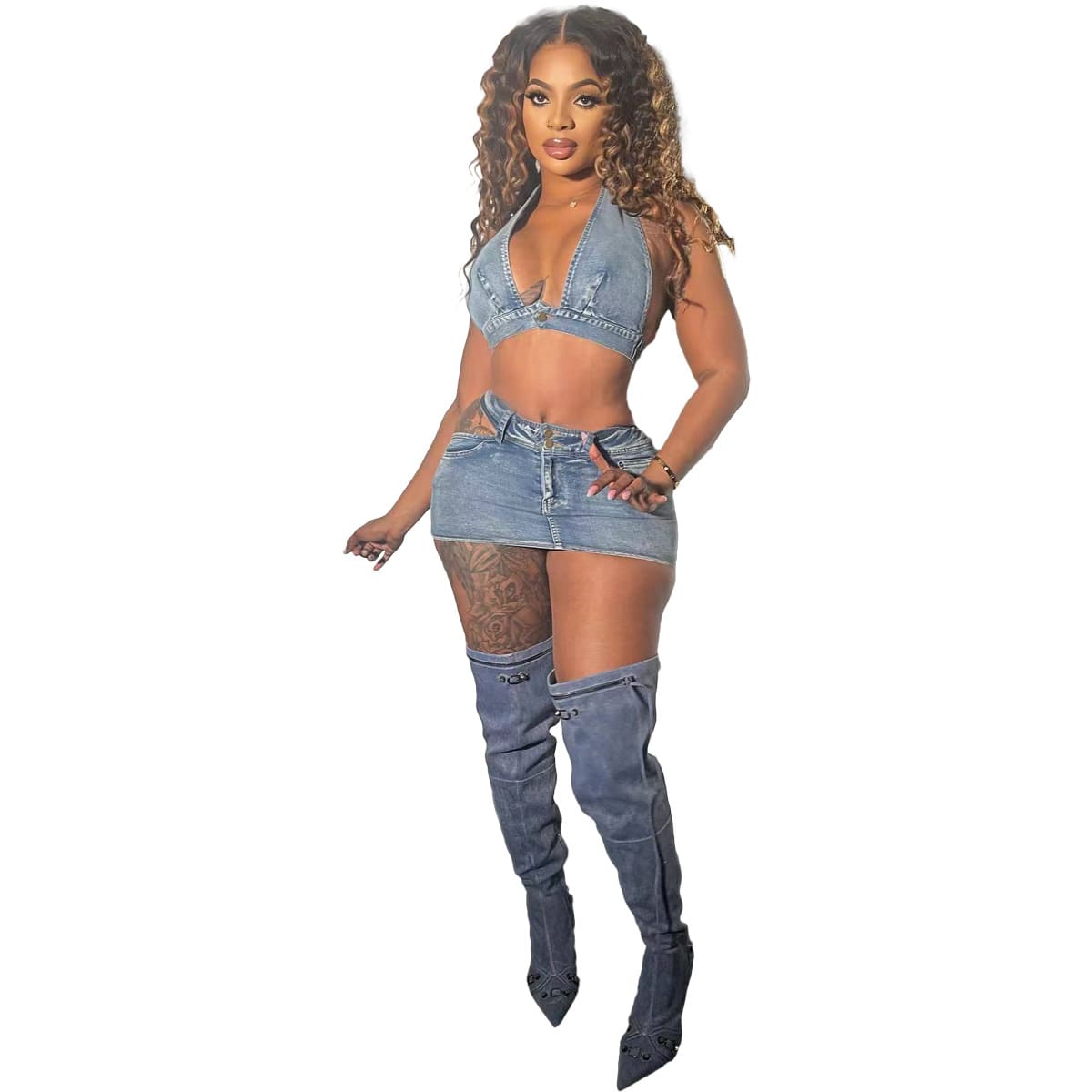 Washed Elastic Denim Casual Sexy Skirt Suit view 5