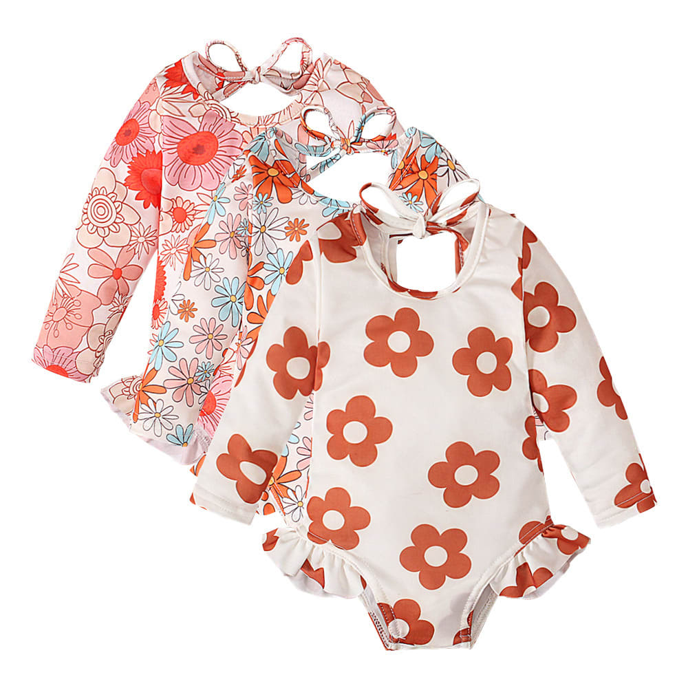 Girl's Pattern Graphic Print Crew Neck Open Back Swimsuit view 6