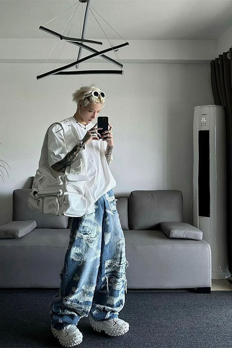 T European And American Fashion Brand Blue With Holes Jeans Men's Autumn Thin American Chic Pants Wide Leg view 11