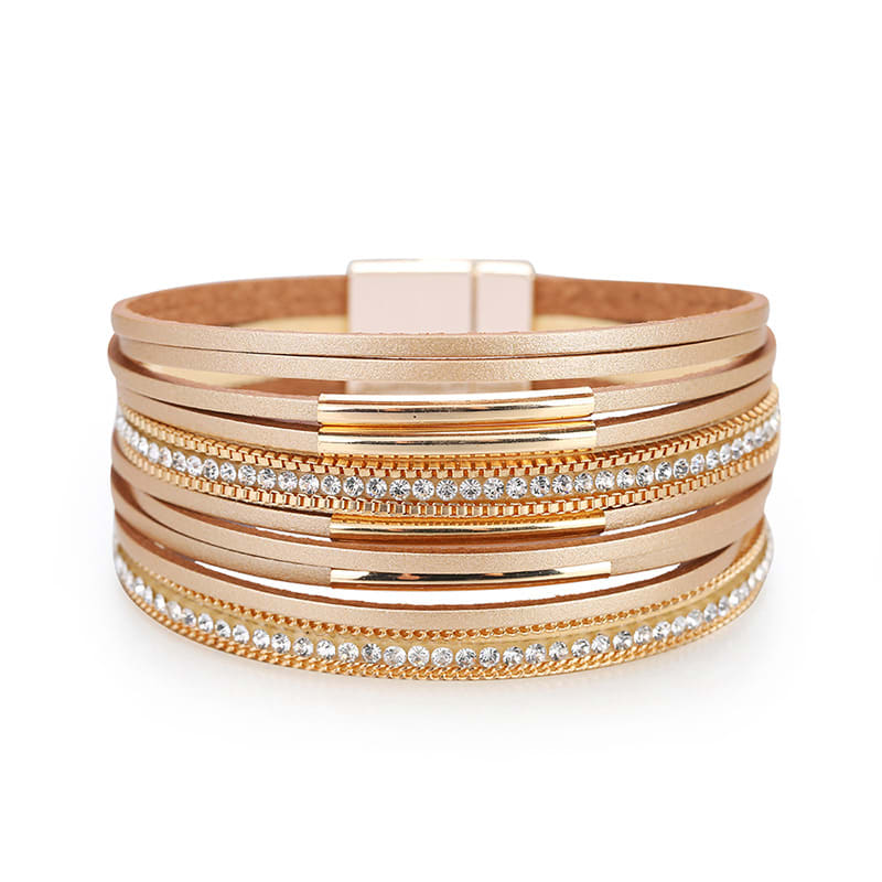 Multi-layer Genuine Leather Slim Chain Copper Tube Stick-on Crystals Bracelet view 11