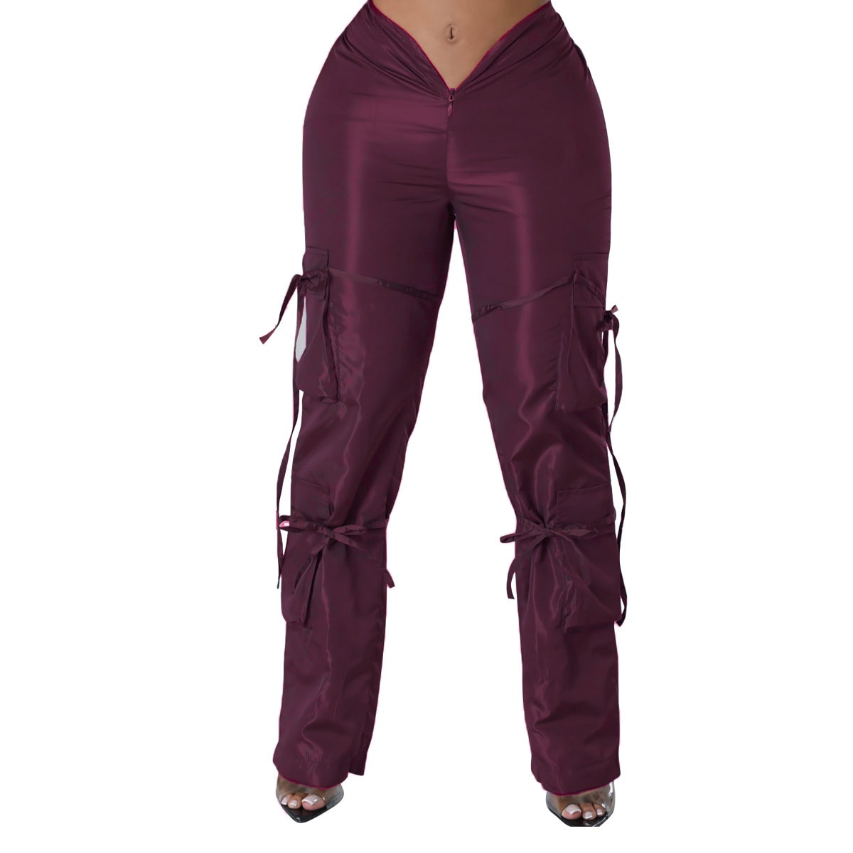 Women's Zipper Closure Strap Solid Color Green Casual Trousers view 30