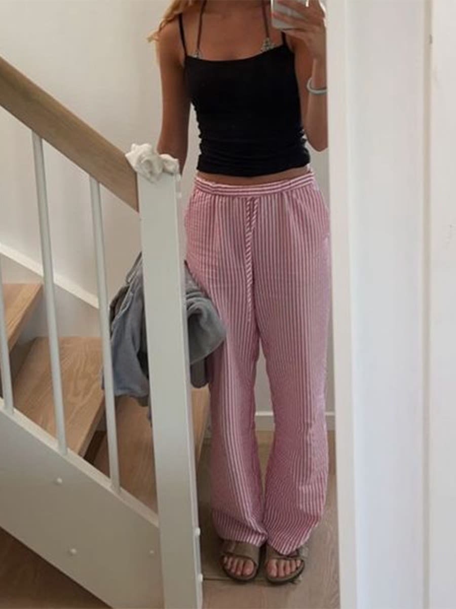 Striped Printed Elastic Waist Drawstring Pocket Straight Casual Trousers view 3