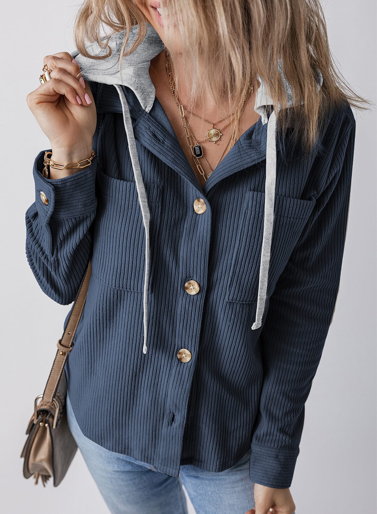 Lapel Buckle Cardigan Pouch Hooded Drawstring Striped Coat view 11
