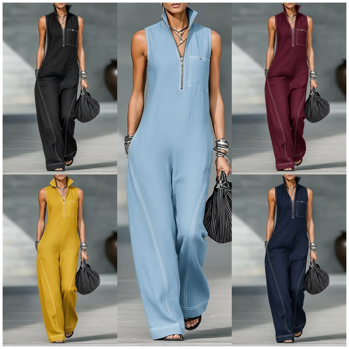 Stand-up Collar Jumpsuit With Pockets Summer Fashion Casual Sleeveless Jumpsuit Trousers Women's Clothing view 9