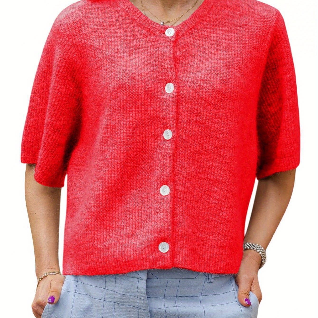 Women's Solid Color Short-sleeved Cardigan Round Neck Button view 2