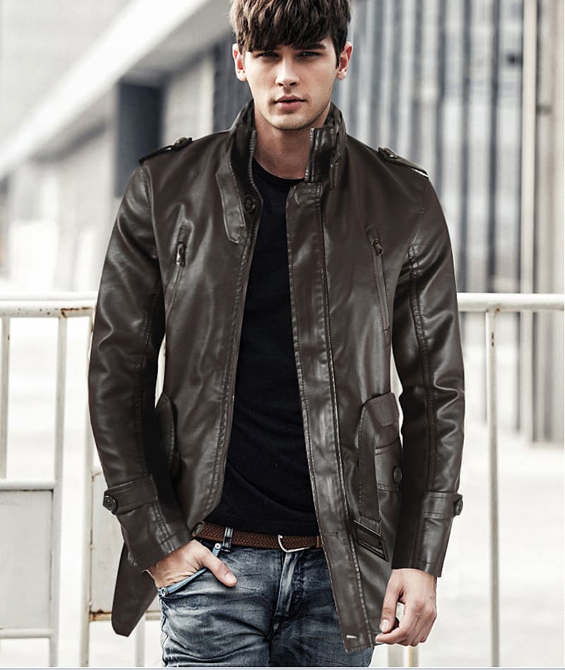 Men's Mid-length Leather Coat Stand Collar Fleece-lined Thickened view 4