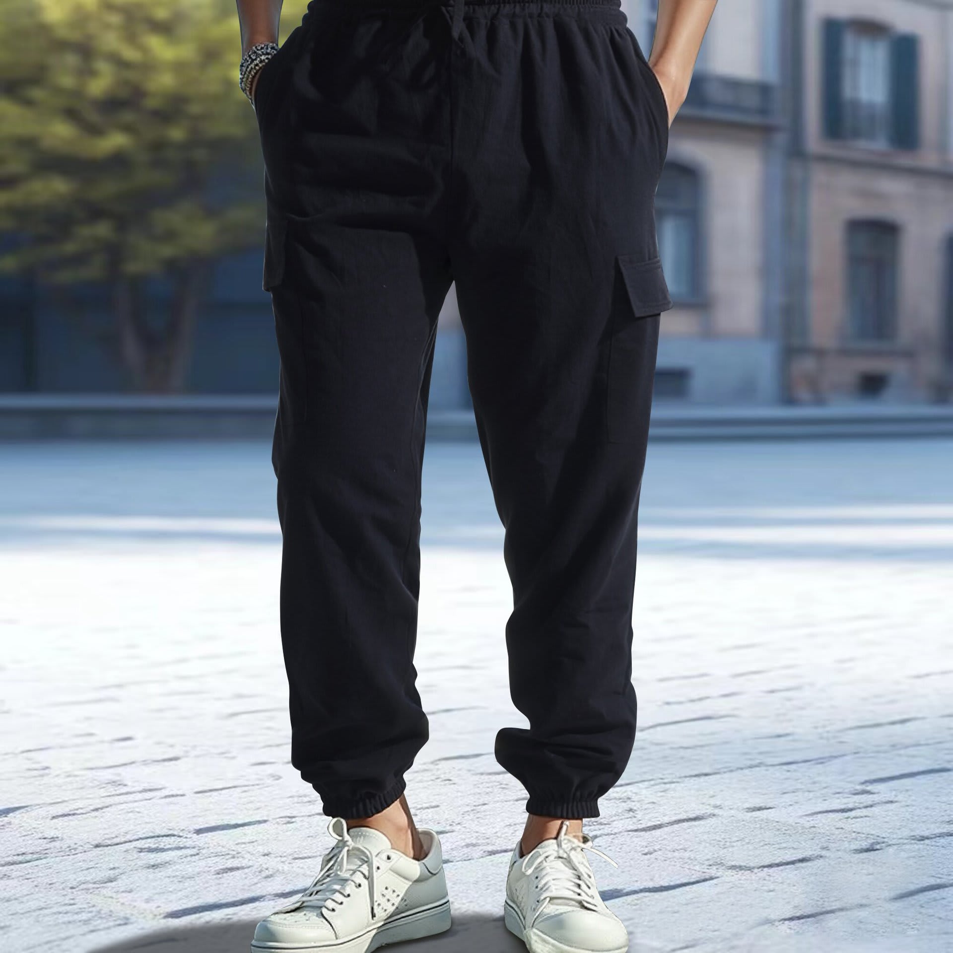 Men's Casual Multi-pocket Pants Cotton And Linen Straight Ankle Tied view 5