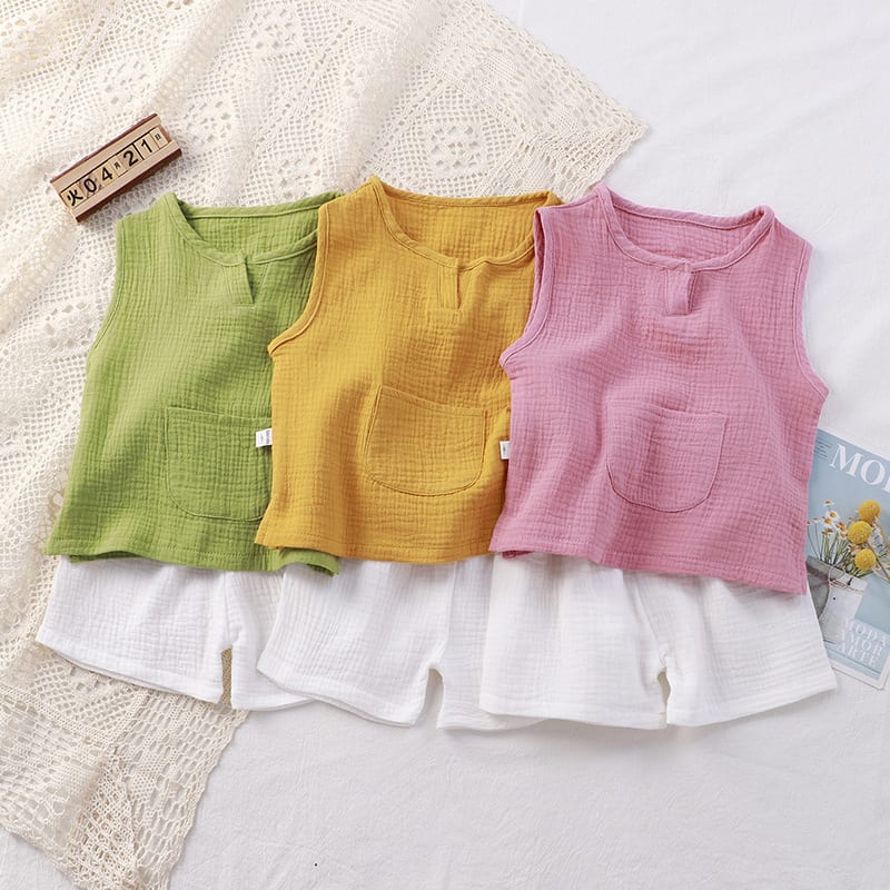 Children Two-piece Cotton Solid Color Double-layer Yarn Vest Short Home Pajamas view 16