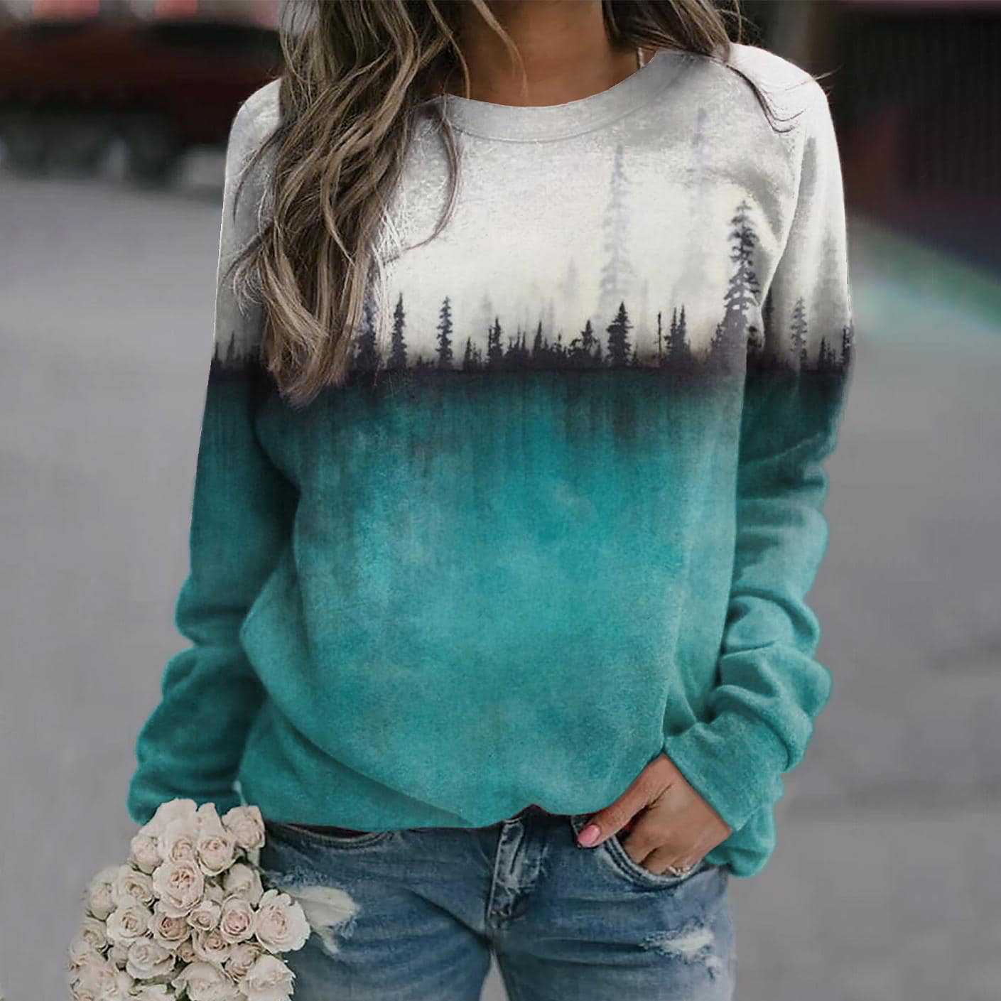 Casual Women's Pine Printed Crew Neck Sweatshirt view 6