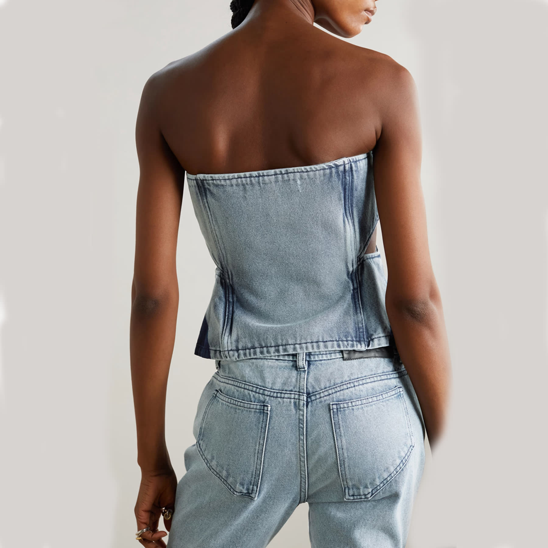 Color Contrast Patchwork Tube Top Three-dimensional Elastic Washed Jeans Two-piece Set view 4