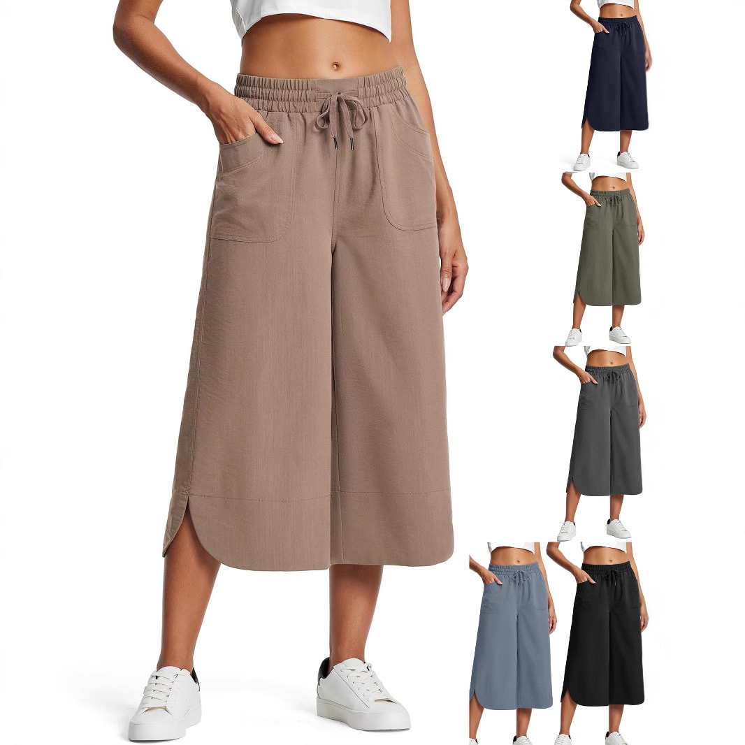 Summer Elastic Waist Solid Color Wide Leg Loose Casual Cropped Pants For Women view 5