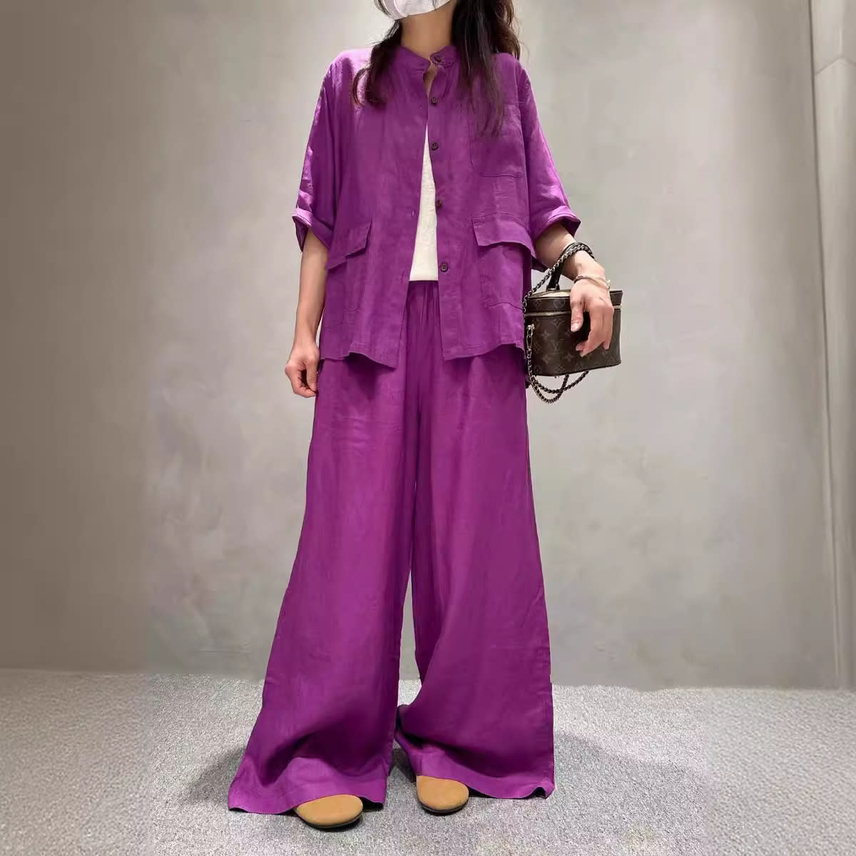 Solid Color Linen Suit Half Sleeve Shirt Casual Pants view 18