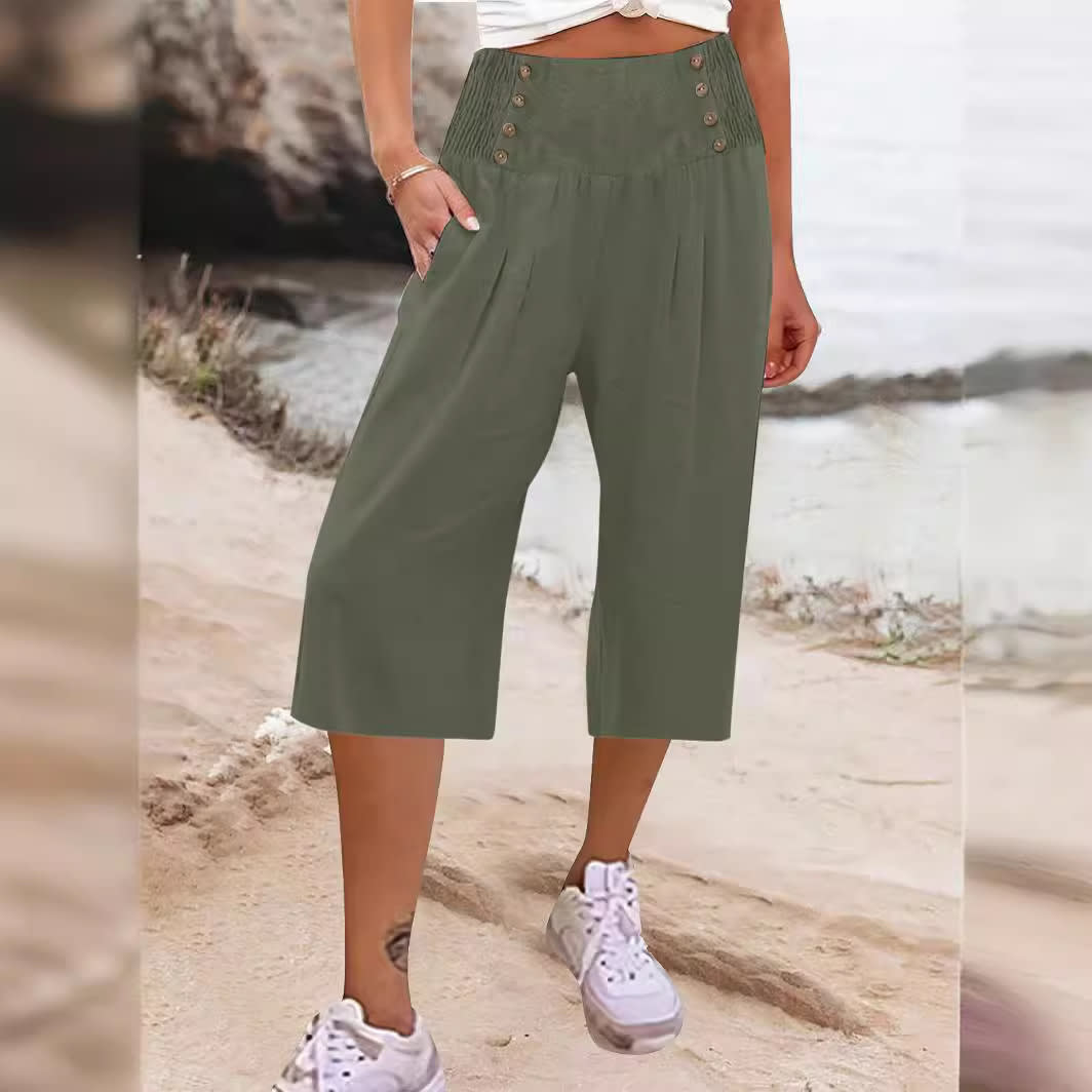 Women's Cotton And Linen Solid Color Buttons Loose Casual Cropped Pants view 21