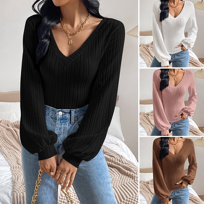 Puff Sleeve Shirt Slim-fit Elegant Twist Knitted Long-sleeved Top view 1