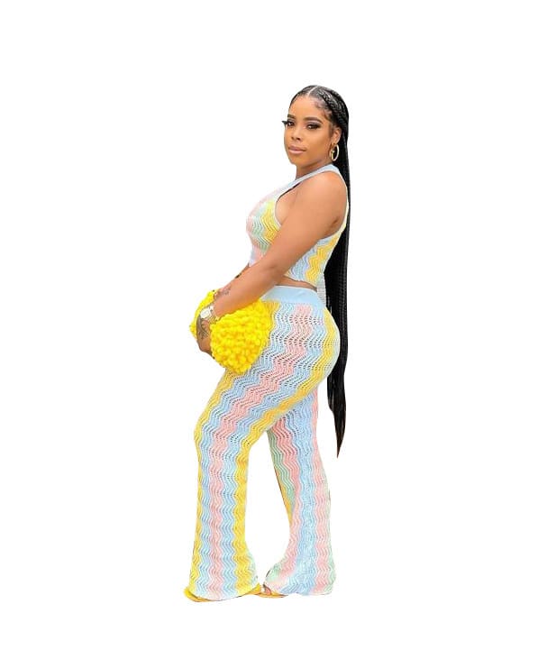 European And American Sleeveless Knitted Bell-bottom Pants Suit view 7