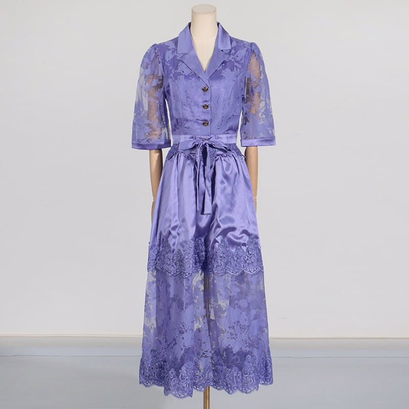 Lapel Embroidery Top High Waist Water Soluble Flower Mid-length Dress Set Female Fashion view 4