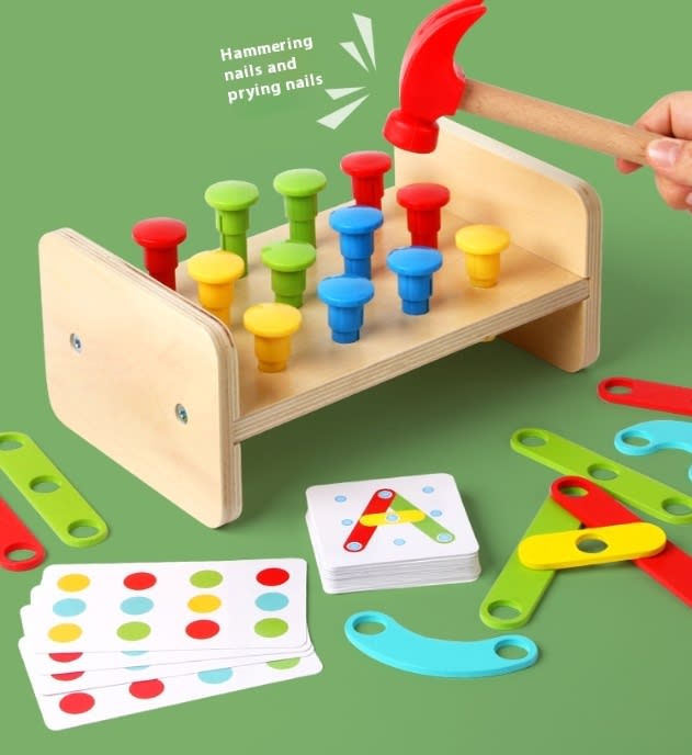 Two-in-one Pile Bridge Platform Nail Table Toy Children's Wooden Puzzle Pile Suit view 15