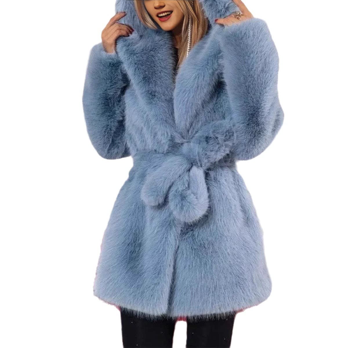 Autumn And Winter Elegant Hooded Strap Faux Fur Coat Women view 3