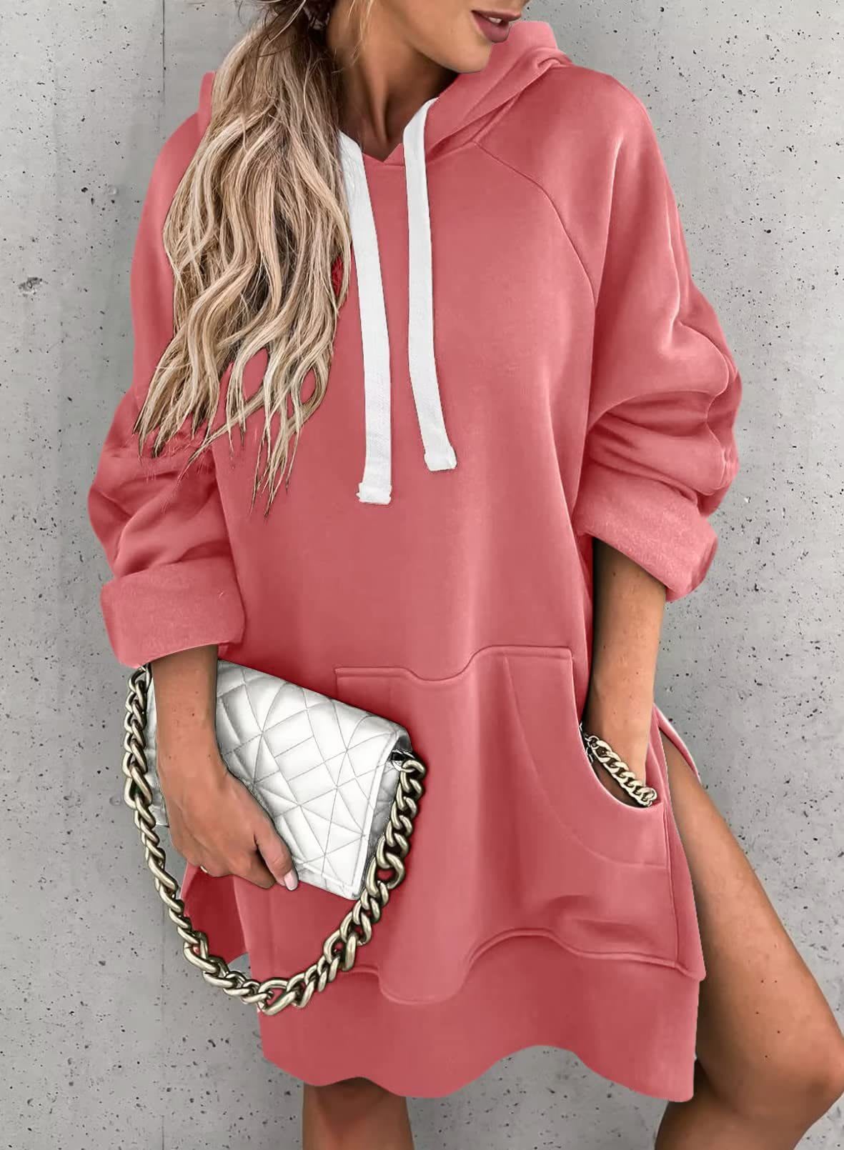 Women's Hooded Sweatshirt With Pockets Fashion Casual Split Mid-length Sweater Drawstring Tops view 13