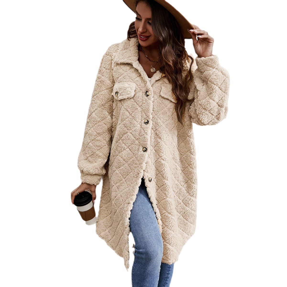Fashion Pocket Lapels Plush Warm Long Sleeves Coat view 6