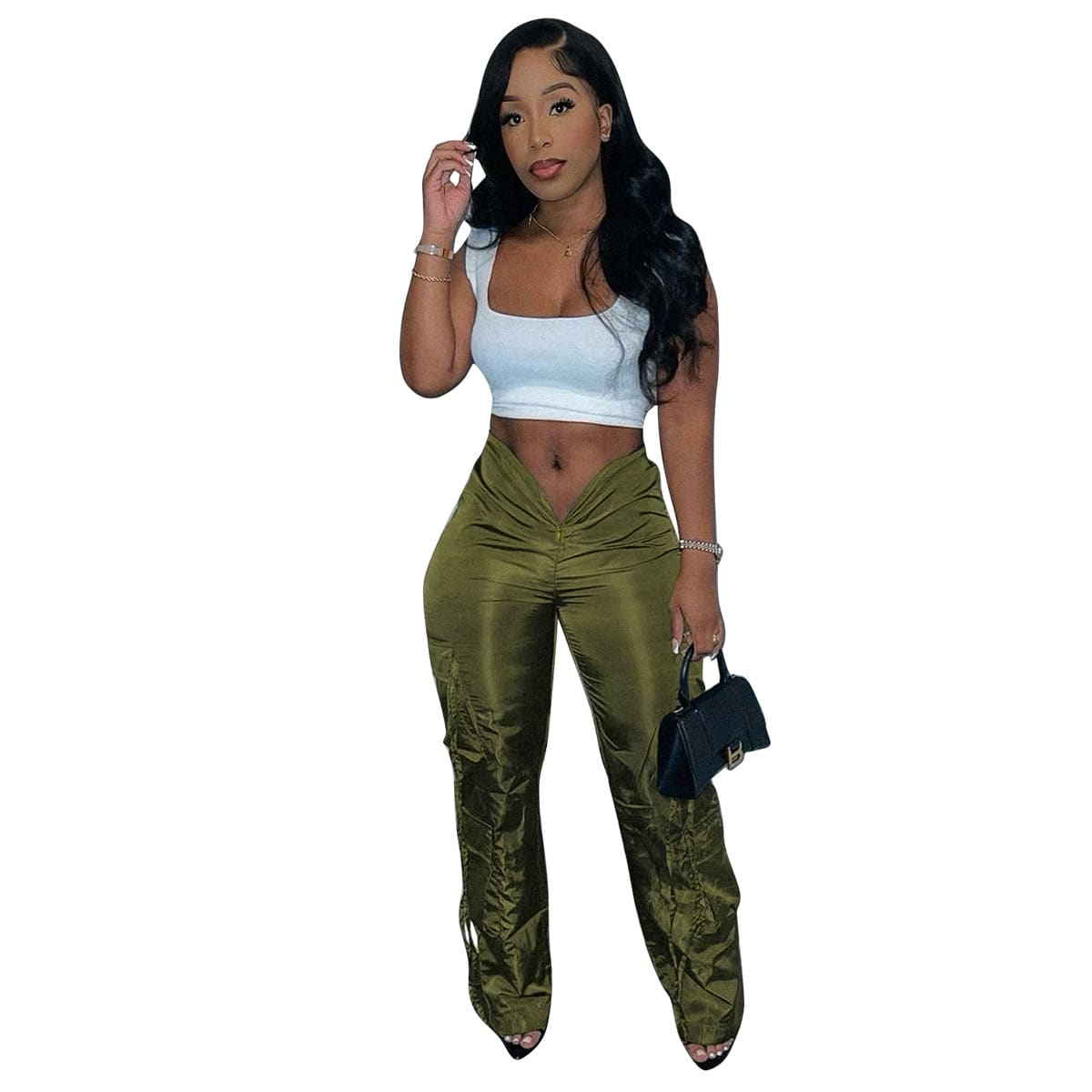 Women's Zipper Closure Strap Solid Color Green Casual Trousers view 19