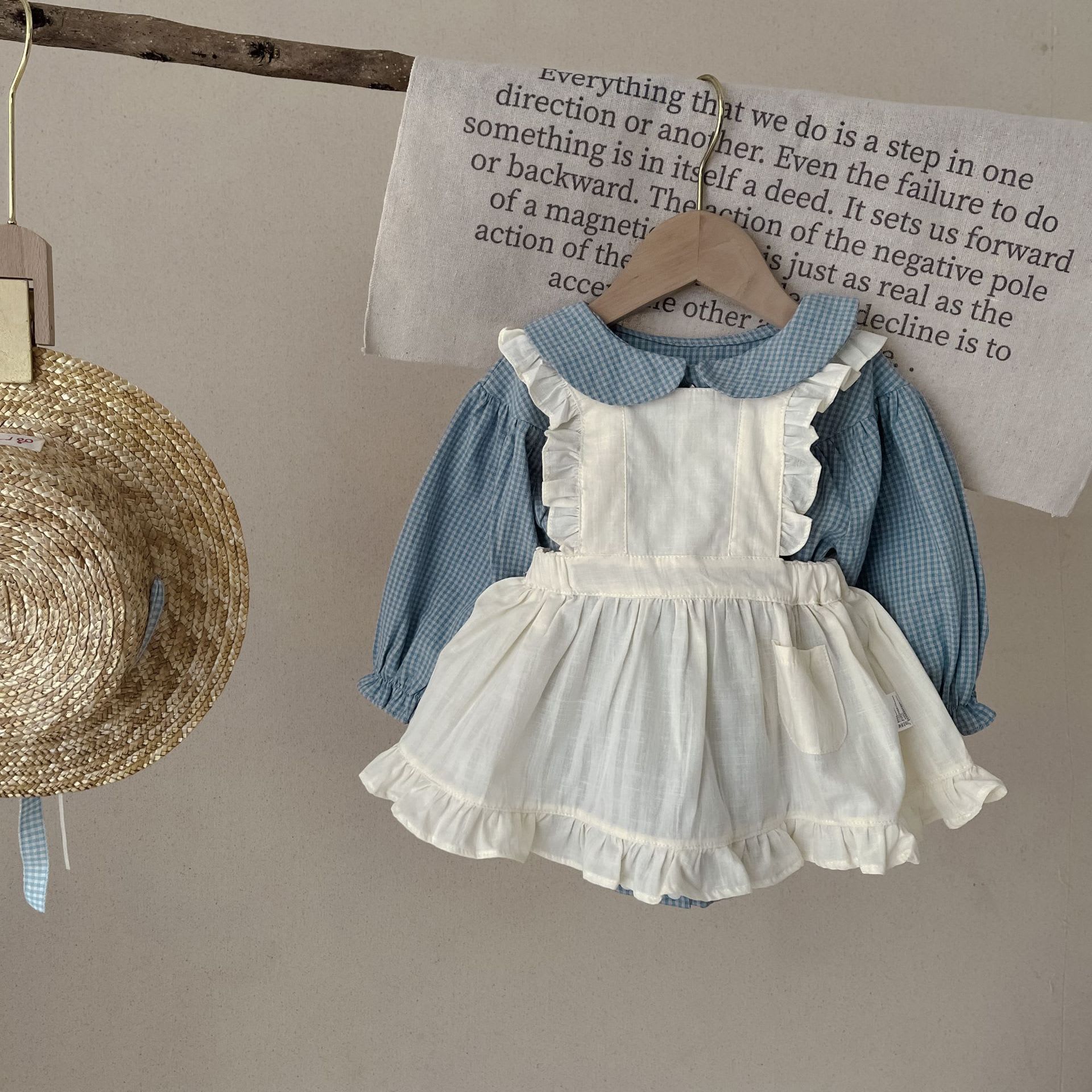 Infant Single-breasted Long Sleeve Small Plaid Romper Sling Small Overskirt view 8