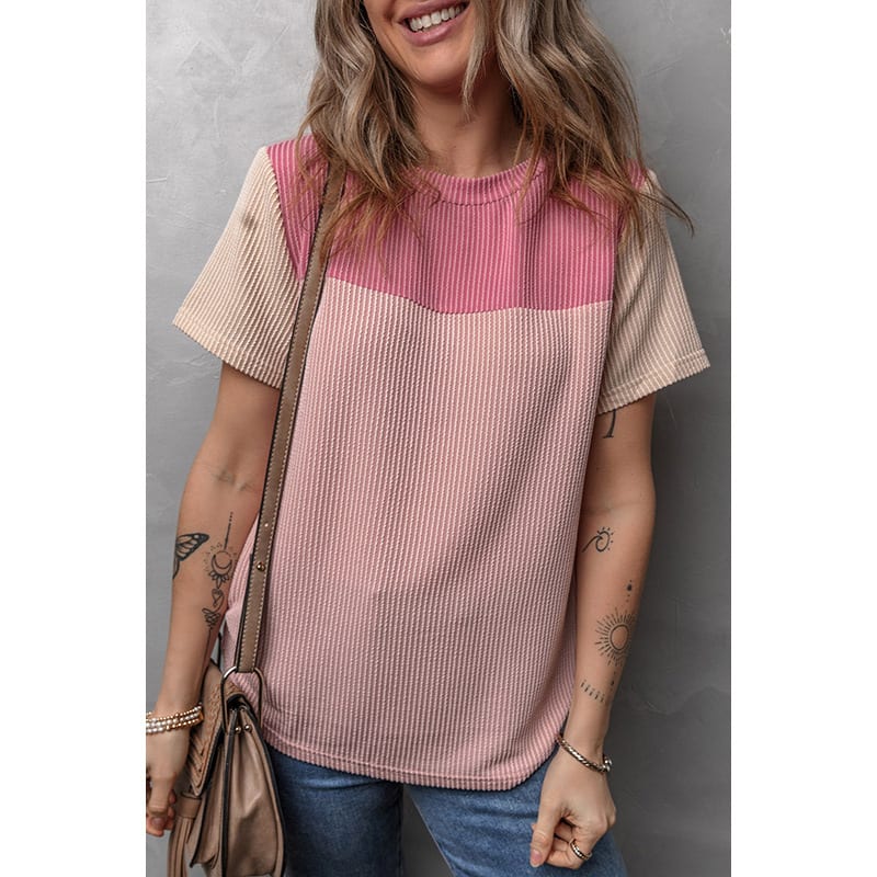Color Matching Rib Short-sleeved T-shirt Round Neck Three-quarter Sleeve Top view 12