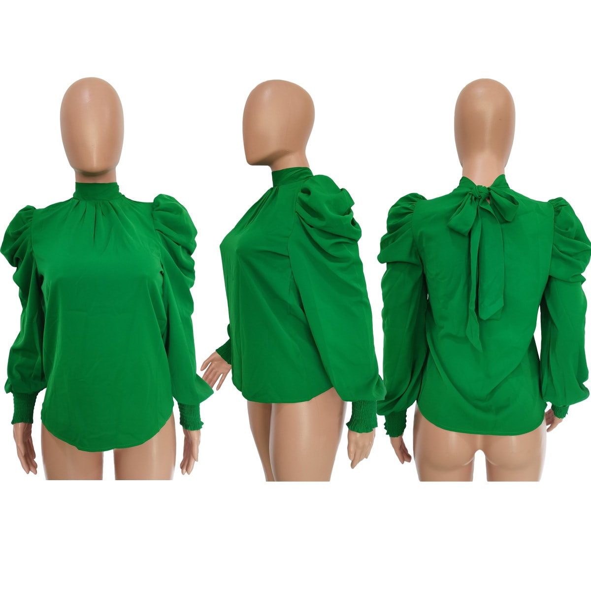 Stand Collar Puff Sleeve Back Lace-up Top view 5