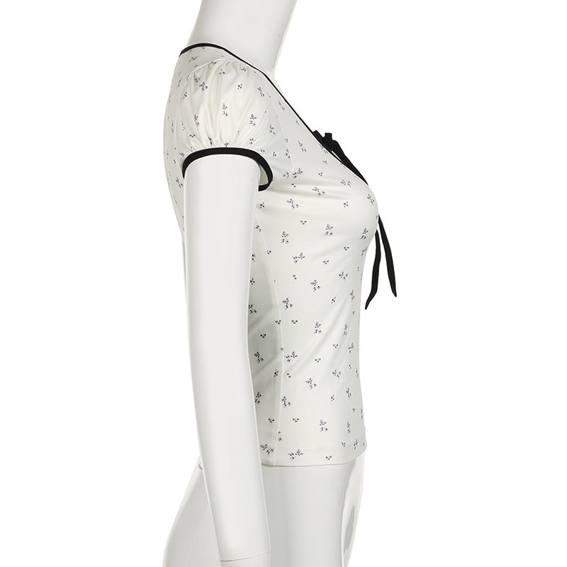 Floral Print Lace-up Hemming Puff Short Sleeve Knitted Top view 14