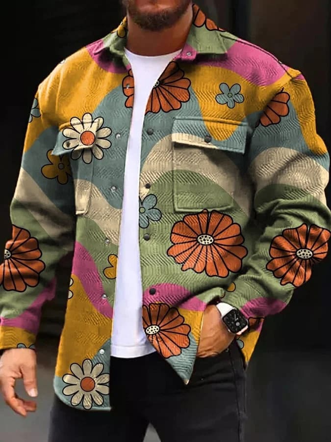 Printing Lapel Men's Jacket Single-breasted Plaid Top view 9