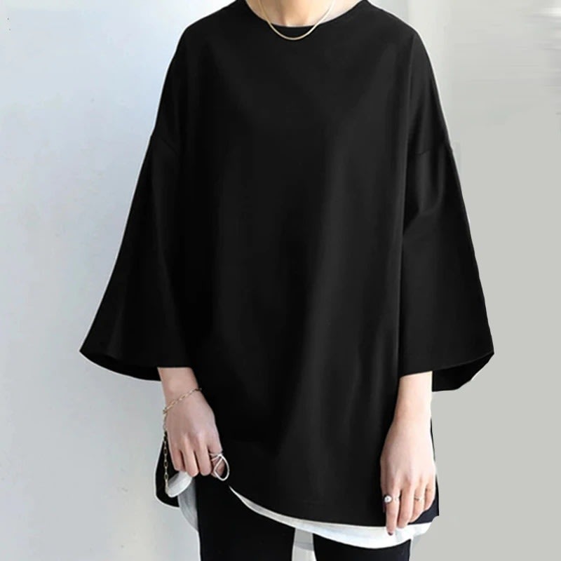 Women's Spring And Summer Solid Color Crew Neck Split Long Sleeve Loose Top view 6
