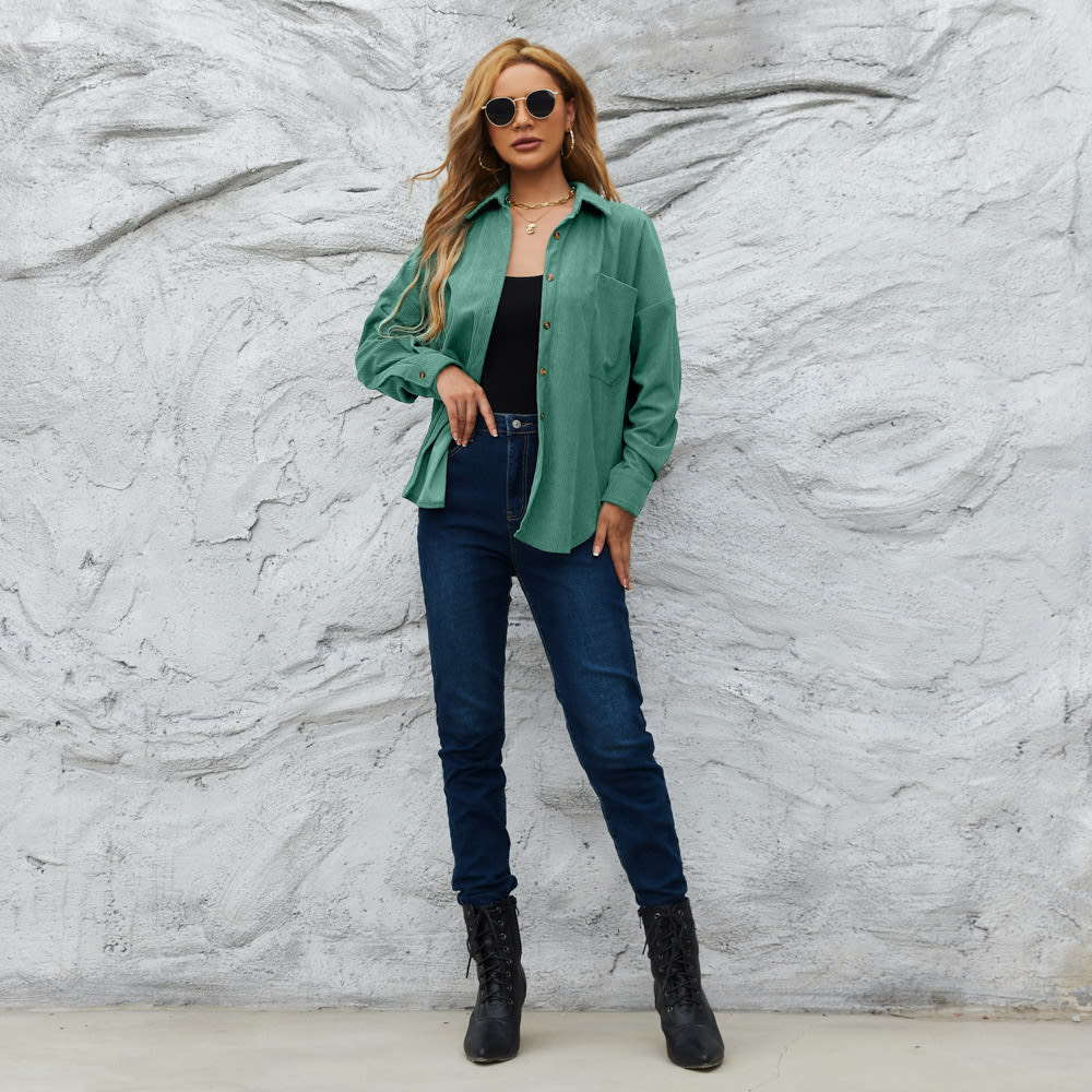 Corduroy Women's American Loose Jacket Coat Solid Color Shirt view 3