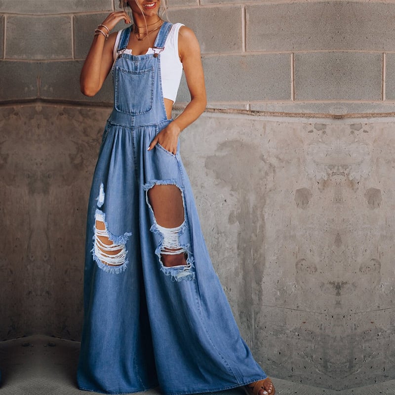 Women's Solid Color Casual Loose Hole Denim Suspender Pants view 2