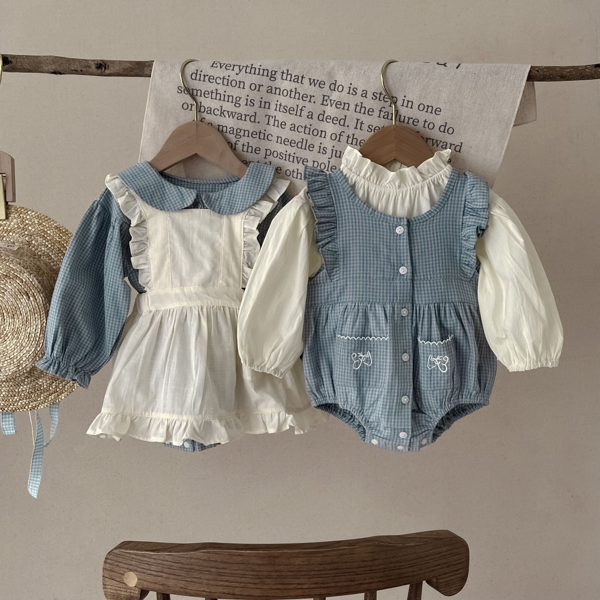 Infant Single-breasted Long Sleeve Small Plaid Romper Sling Small Overskirt view 4