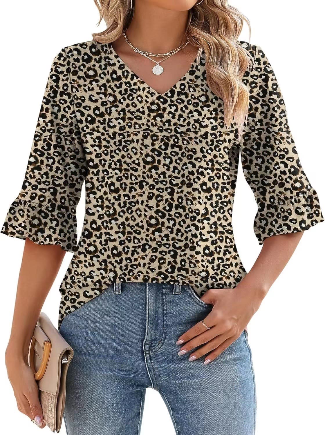 Women's Printed Hollow Ruffle Sleeve Casual Short-sleeved Top view 4