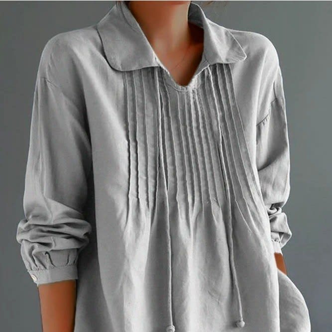 Loose Cotton And Linen Long Sleeve Women's Pleated Lapel Shirt view 7