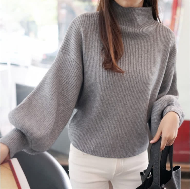 Half Turtleneck Lantern Sleeve Sweater Loose Slim Looking Base Knitwear view 4