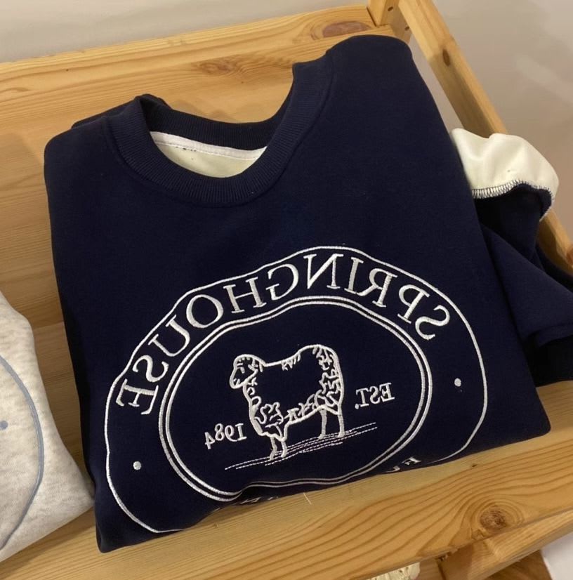 Embroidered Lamb Round Neck Long Sleeve Fleece Pullover view 6