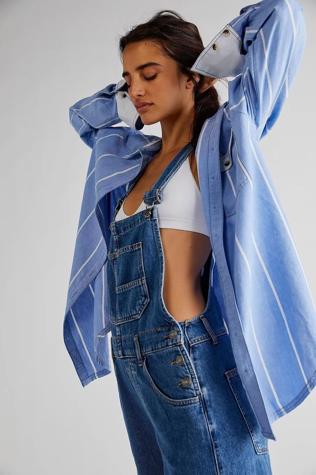 Women's High-Waisted Jumpsuit Overalls With Pockets Loose Fit Denim Trousers Casual Straight Leg Pants view 15