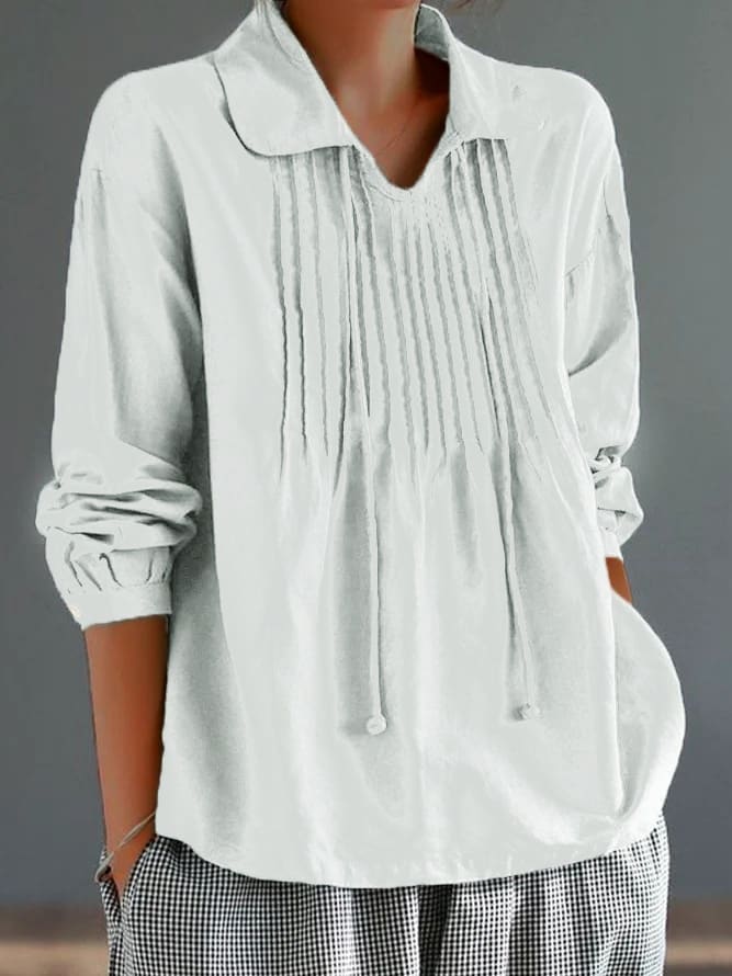 Loose Cotton And Linen Long Sleeve Women's Pleated Lapel Shirt view 10