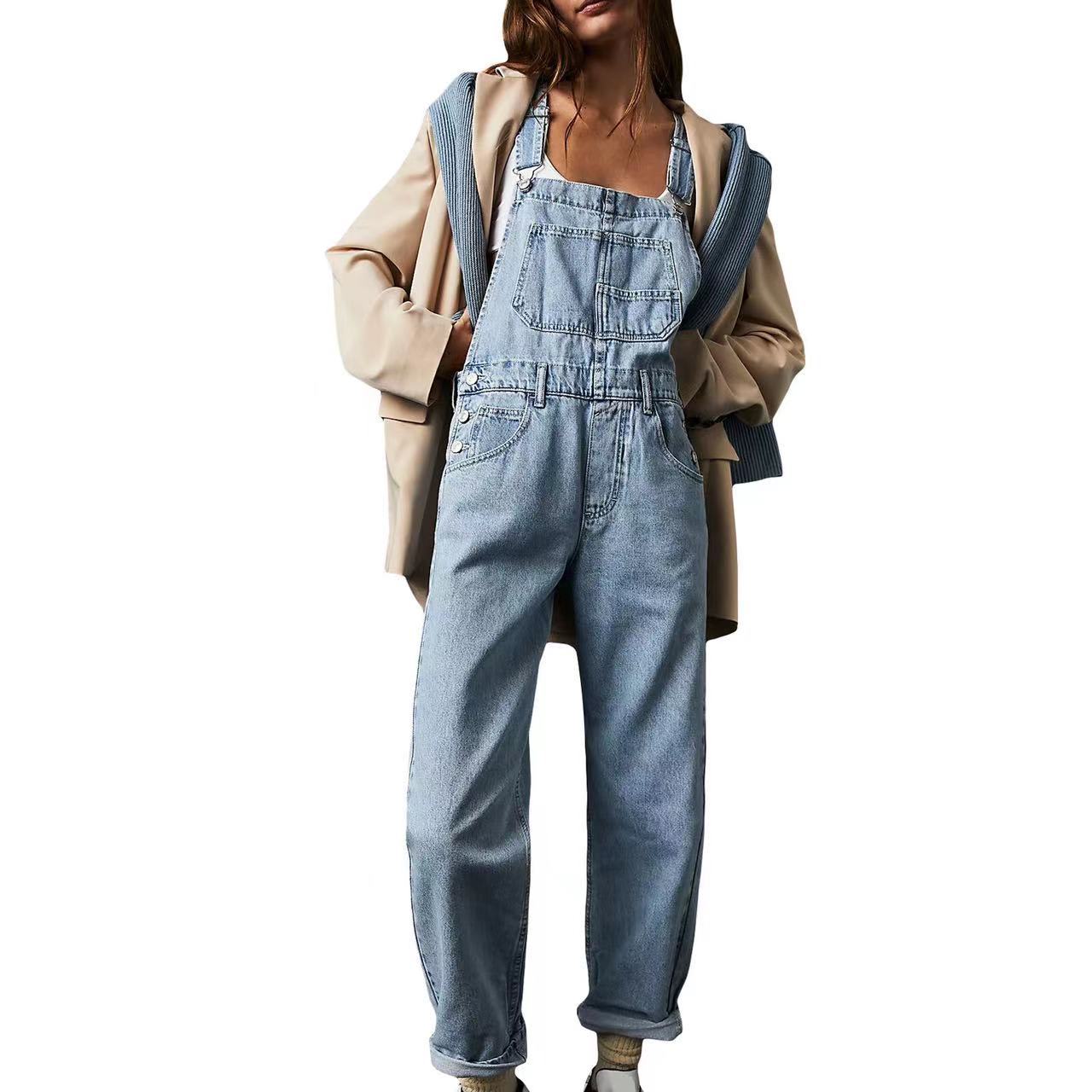Women's High-Waisted Jumpsuit Overalls With Pockets Loose Fit Denim Trousers Casual Straight Leg Pants view 12