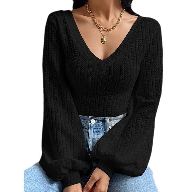 Puff Sleeve Shirt Slim-fit Elegant Twist Knitted Long-sleeved Top view 7