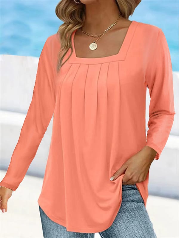 Women's Pleated Square Collar Long Sleeve Imitation Cotton Large Size T-shirt view 2