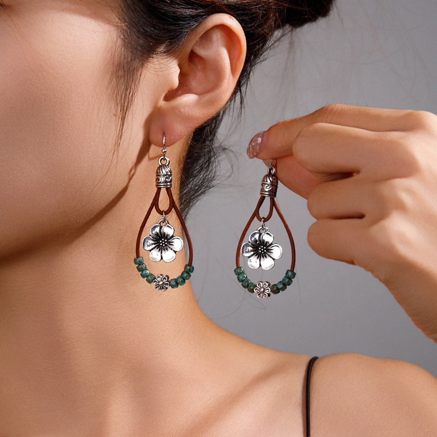 Vintage Earrings Ethnic Style Antique Silver Flower Turquoise Rope Pendant Women's Jewelry view 19
