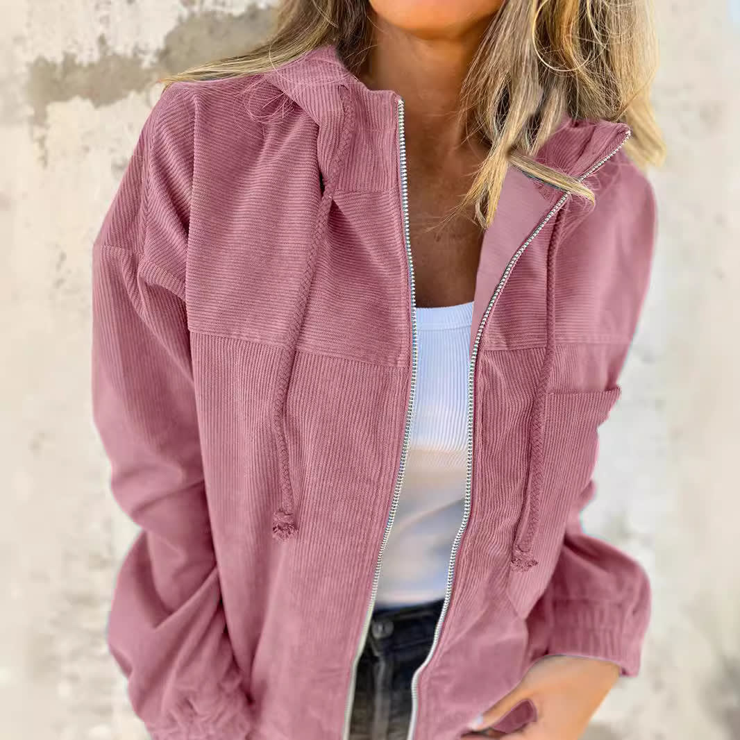 Solid Color Women's Corduroy Hooded Jacket view 3